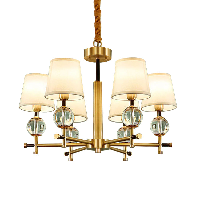 Contemporary 6-Head Conic Chandelier in Brass with Crystal Accents - Bedroom Pendant Lamp