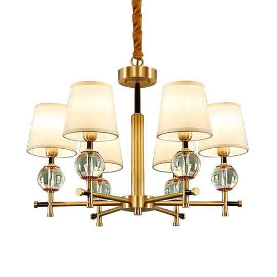 Contemporary 6-Head Conic Fabric Chandelier With Crystal Accent - Brass Ceiling Pendant