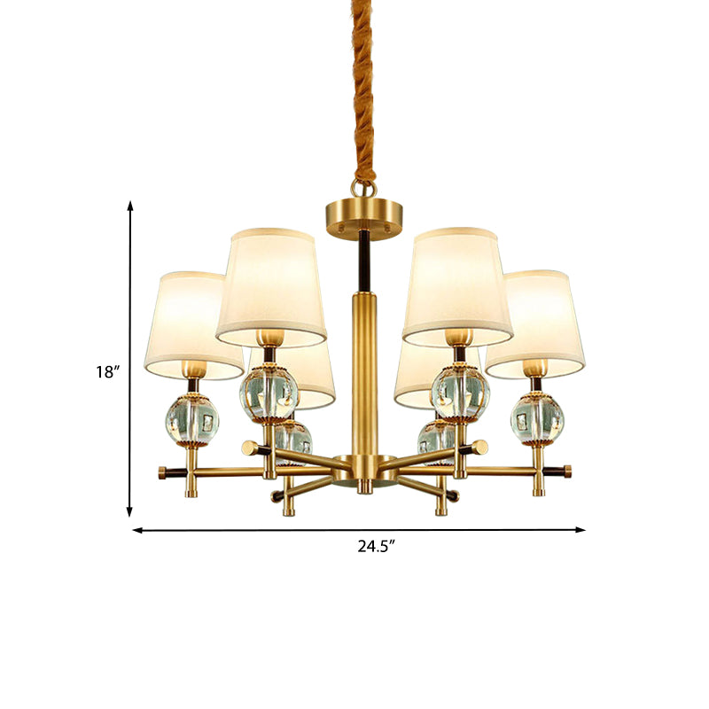 Contemporary 6-Head Conic Chandelier in Brass with Crystal Accents - Bedroom Pendant Lamp