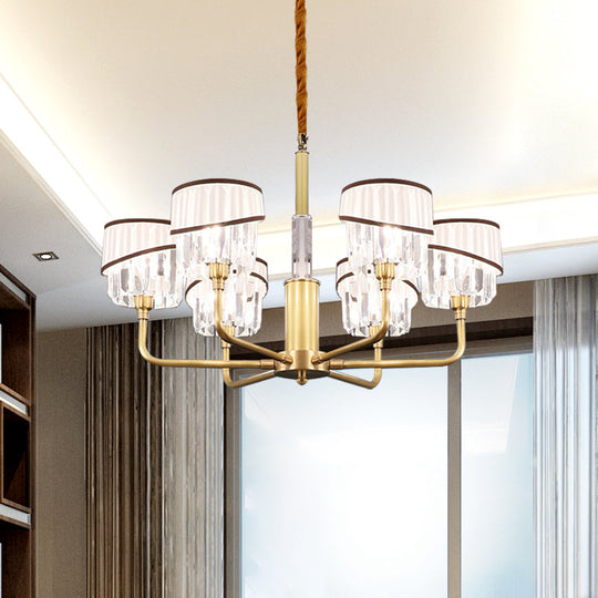 Clear Crystal Pendant Chandelier: Minimalist Brass Drum Design With Fabric Shade 6 /