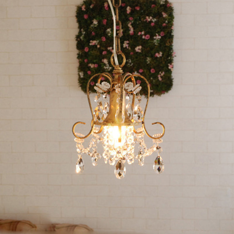 Antique Brass Scrolled Frame Suspension Light With Crystal Droplet - 1 Head Metallic Hanging Lamp