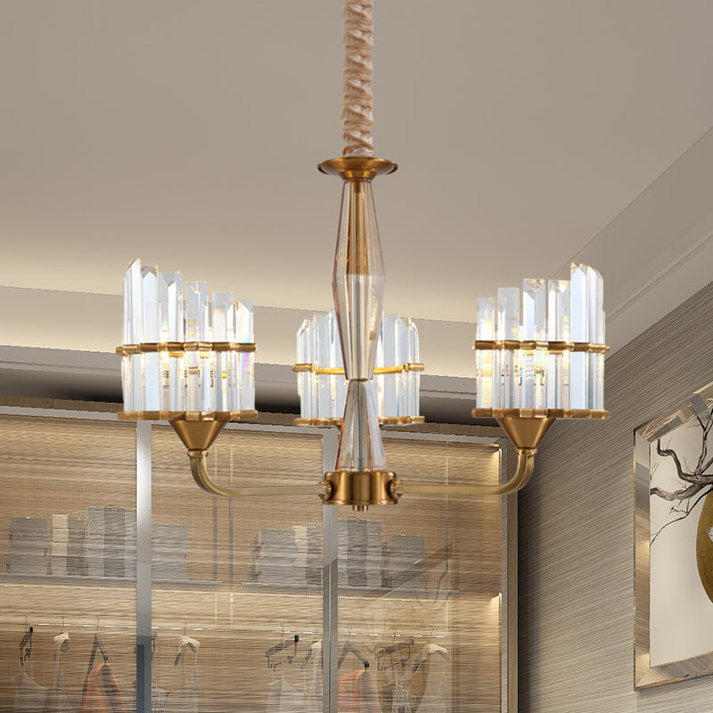 Modern Curved Chandelier With Faceted Crystal: Gold Finish 3/6-Light Pendant For Living Room 3 /