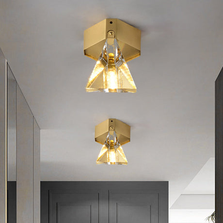Faceted Crystal Flush Mount Ceiling Light Fixture - Minimalist Led Brass Finish Lighting