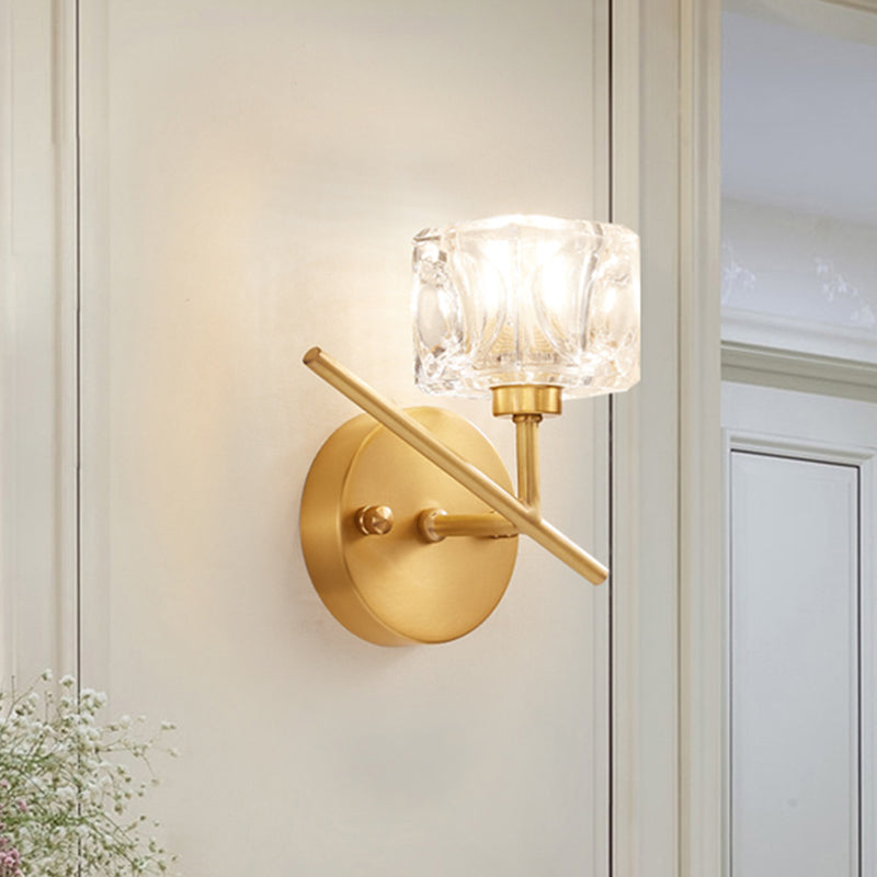 Modern Brass Wall Light With Clear Crystal Shade - Perfect For Bedroom Lighting