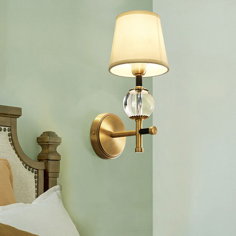 Modern Brass Wall Sconce With Crystal Accent And Fabric Shade 1 /
