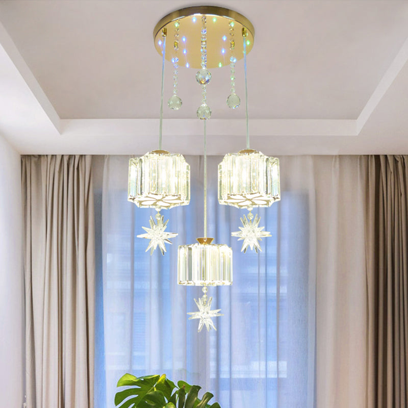 Modern 3-Head Crystal Flower Pendant Light in Gold for Dining Room