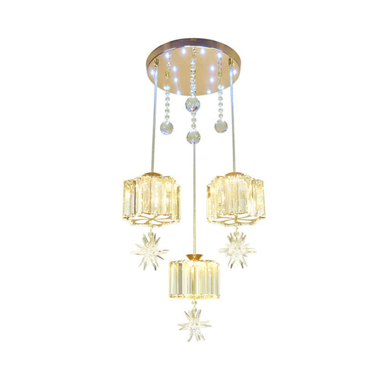 Modern Gold Pendant Light With Crystal Flower Clusters - 3 Heads Ideal For Dining Room