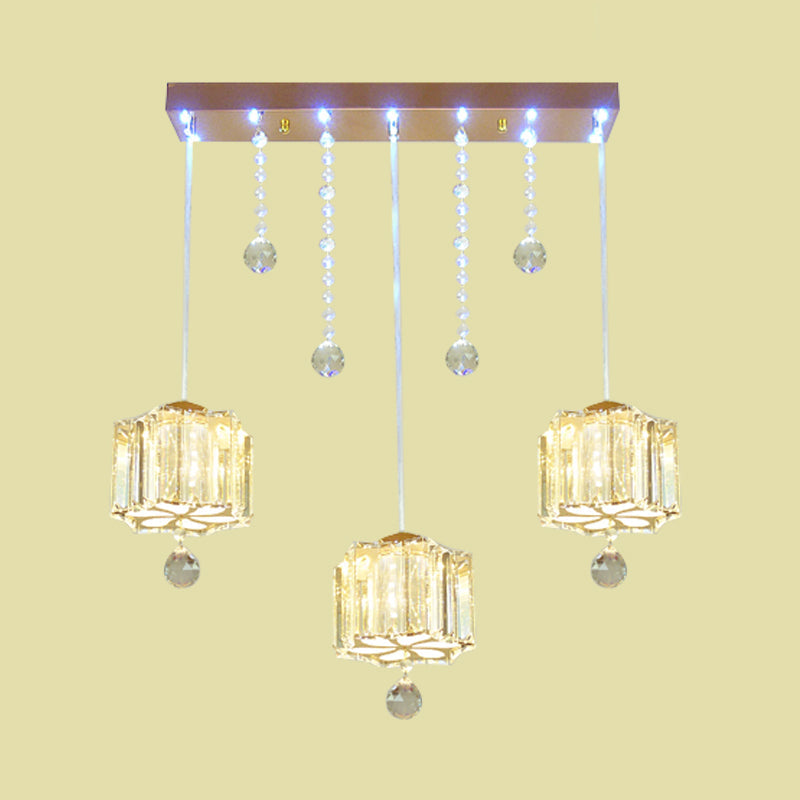 Contemporary Gold Blossom Pendant Light with Crystal Facets - 3 Bulbs - Linear Canopy