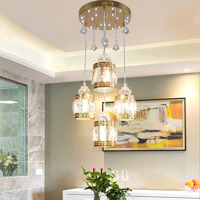 4-Bulb Gold Cylinder Pendant Light with Minimalist Design and Crystal Shade