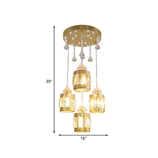 Gold Cylinder Pendant Lighting Fixture With Crystal Shade - Minimalist Design 4 Bulbs Multi Ceiling