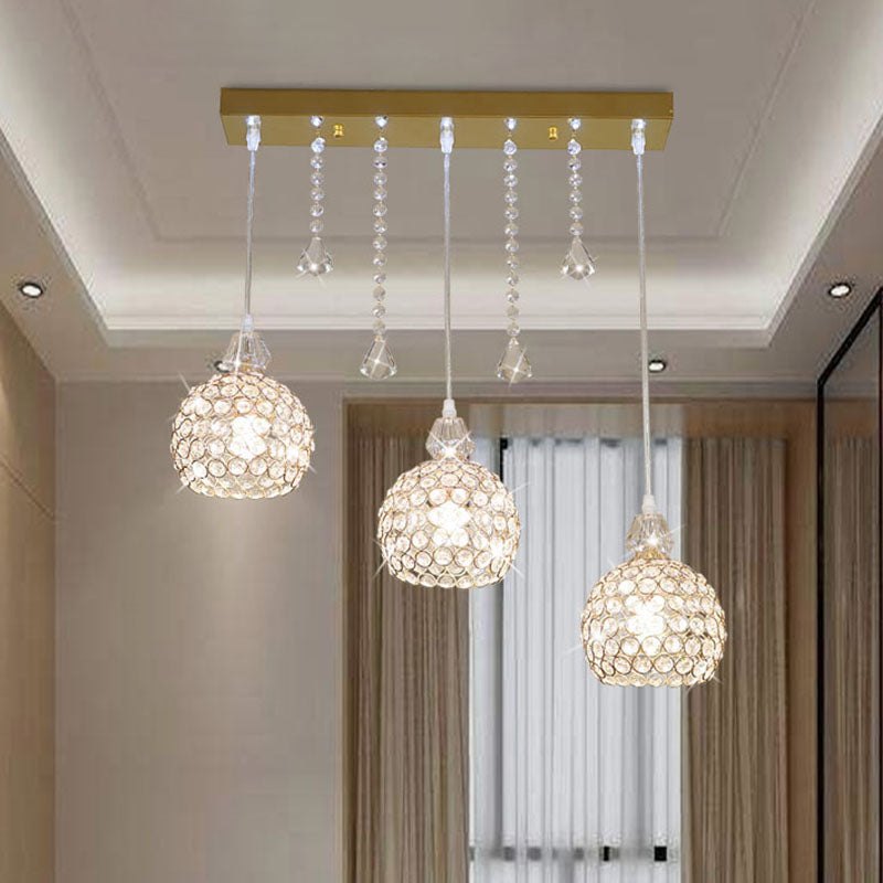 Crystal Globe Corridor Pendant Light - Contemporary Style Ceiling Lamp (Gold, 3 Lights)