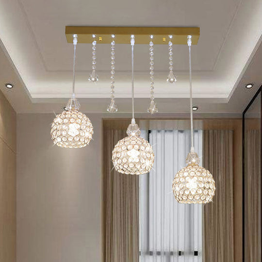 Contemporary Gold Crystal Pendant Lamp - 3 Light Globe Corridor Ceiling Suspension