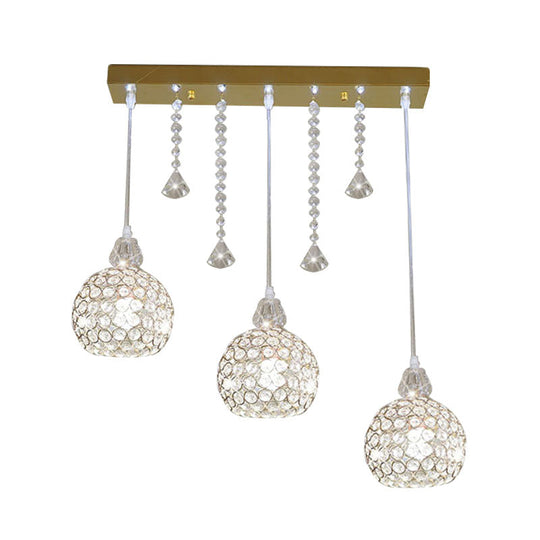 Crystal Globe Corridor Pendant Light - Contemporary Style Ceiling Lamp (Gold, 3 Lights)