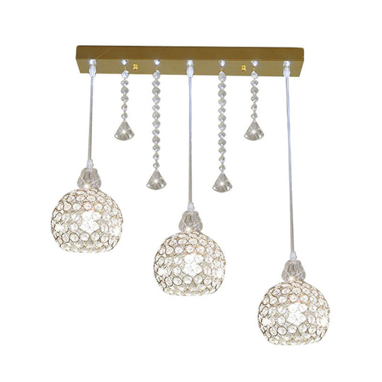 Contemporary Gold Crystal Pendant Lamp - 3 Light Globe Corridor Ceiling Suspension