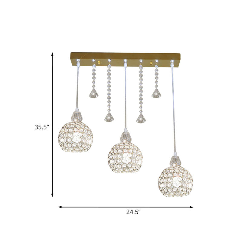 Crystal Globe Corridor Pendant Light - Contemporary Style Ceiling Lamp (Gold, 3 Lights)