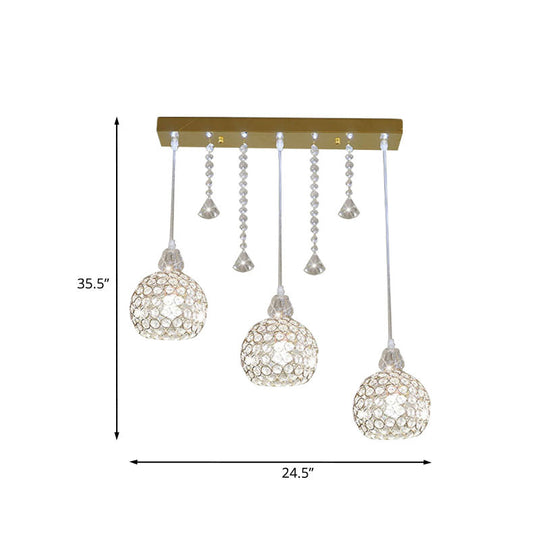 Contemporary Gold Crystal Pendant Lamp - 3 Light Globe Corridor Ceiling Suspension