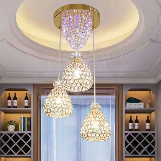 Gold Teardrop Crystal Ceiling Lamp - Modernism 3-Head Cluster Pendant Light