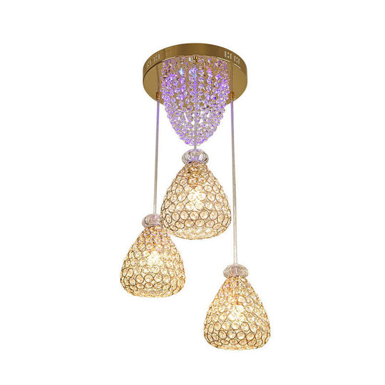 Gold Teardrop Crystal Ceiling Lamp - Modernism 3-Head Cluster Pendant Light