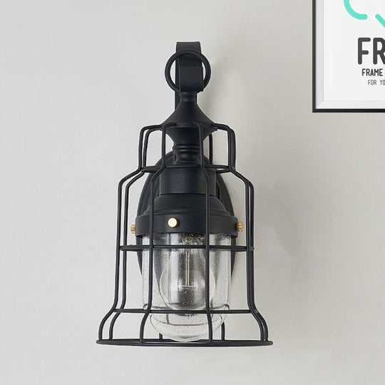 Industrial Black Seedy Glass Wall Sconce With Metal Cage Frame And Bell Shade For Corridor Lighting