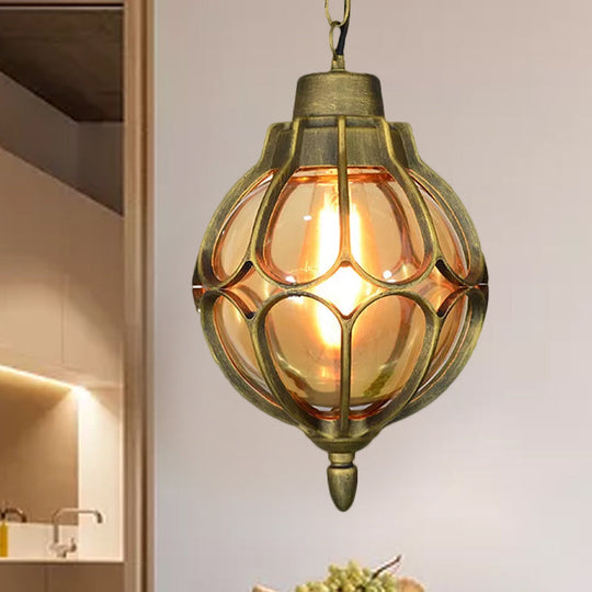 Vintage Amber Glass Orb Pendant Lamp In Black/Bronze/Gold - 1 Light Available 3 Sizes