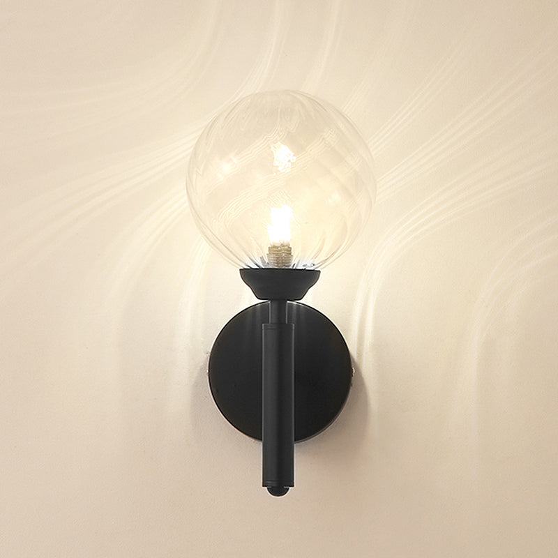 Modern Round 1-Light Black Sconce Light - Textured Glass Wall Lamp For Bedroom