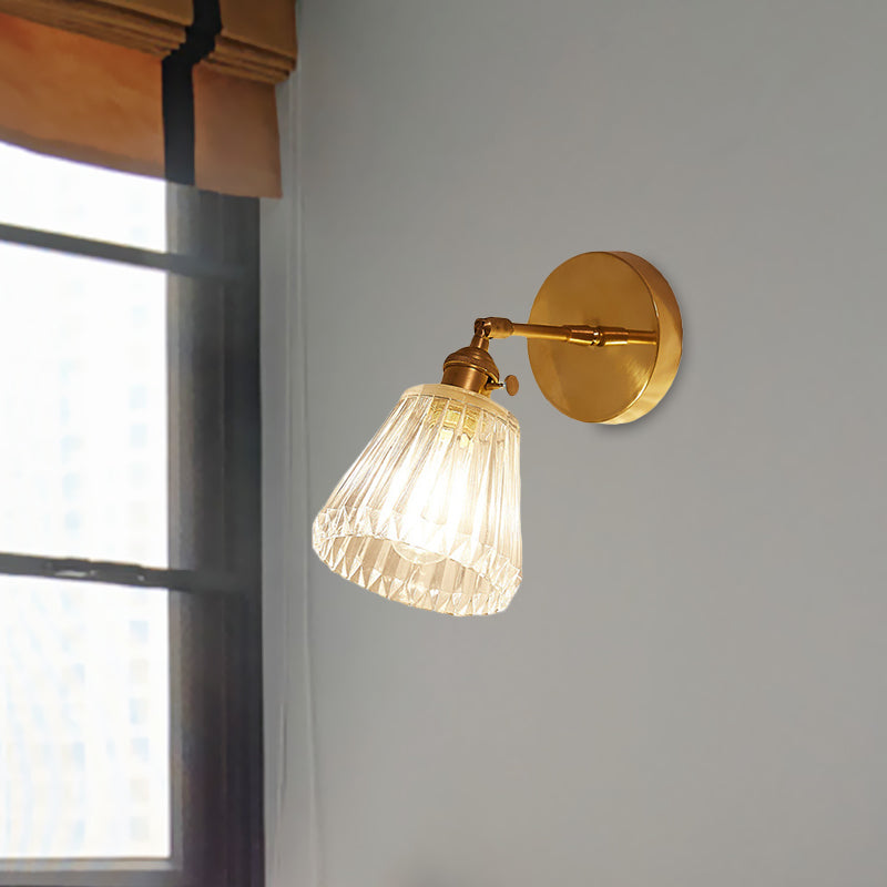 Industrial Brown Tapered Sconce Wall Lamp With Clear Textured Glass - 1 Light Fixture