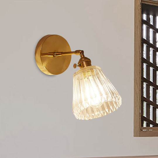 Industrial Brown Tapered Sconce Wall Lamp With Clear Textured Glass - 1 Light Fixture