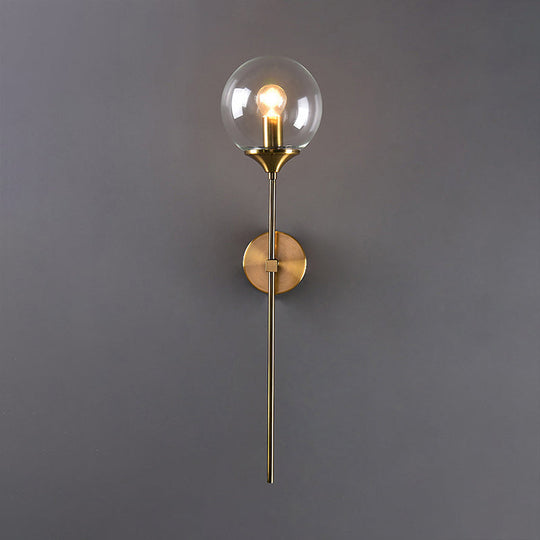 Brass Globe Shade Wall Sconce - Modern Single Bulb Clear/Grey/Amber Glass Light For Bedroom