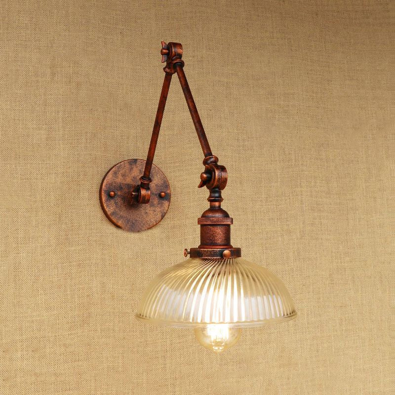 Industrial Antique Brass/Black/Rust Swing Arm Wall Sconce With Ribbed Glass Shade - Perfect Living