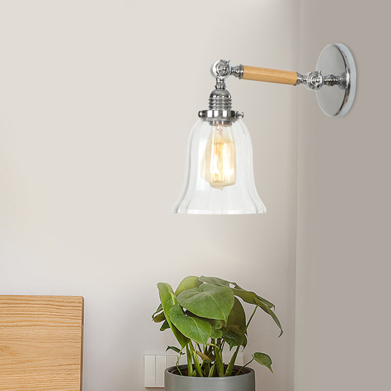Vintage Chrome Wall Sconce With Textured Glass Shade And Wooden Arm - Perfect Living Room Lighting