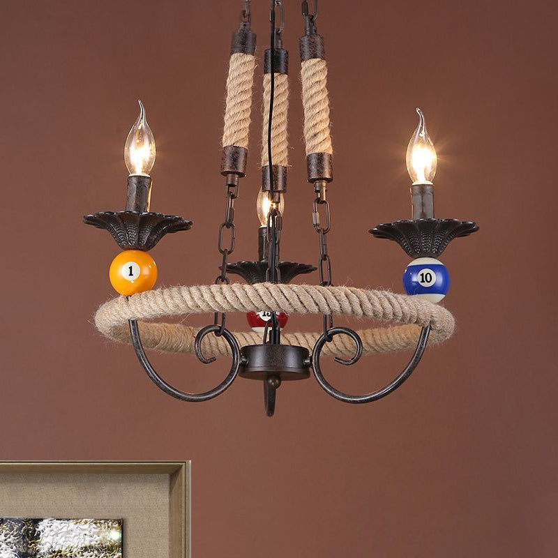 Industrial Metal Chandelier With Roped Ring Bar And Billiard Ball Décor - 3/6 Lights Rust Hanging
