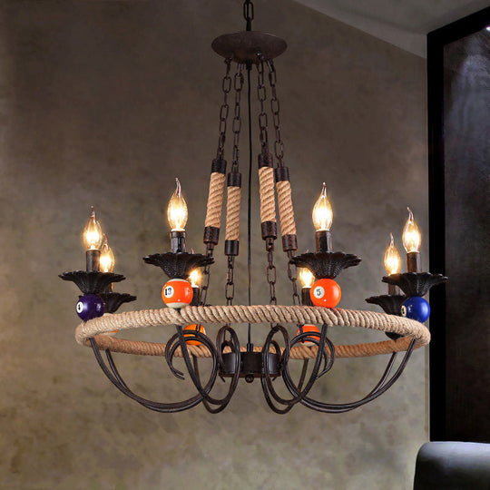 Industrial Metal Hanging Lamp: Roped Ring Bar, 3/6 Lights, Rust Chandelier with Billiard Ball Decoration