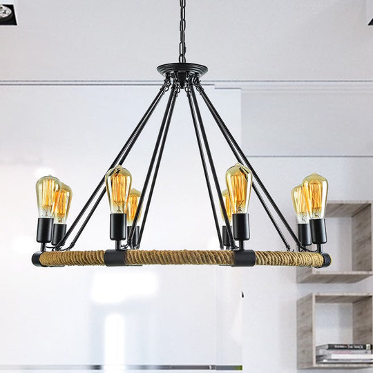 Lodge Style Roped Ring Chandelier Pendant Light With Adjustable Chain - 6/8 Heads In Black