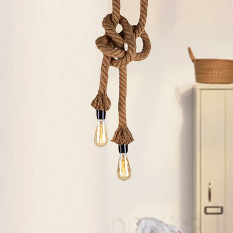 Vintage Style Rope Pendant Light With Open Bulbs - Brown 2 Heads Ideal For Bars