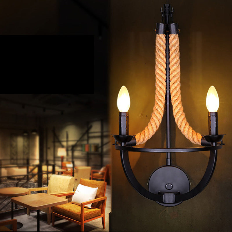 Industrial Manila Rope Wall Sconce With Open Bulbs - 2 Lights In Black For Living Room