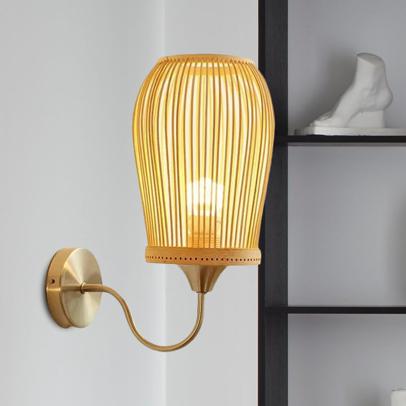 Modern Bamboo Hand-Woven Wall Sconce With Metal Gooseneck Arm - Beige 1-Light Mount Lamp