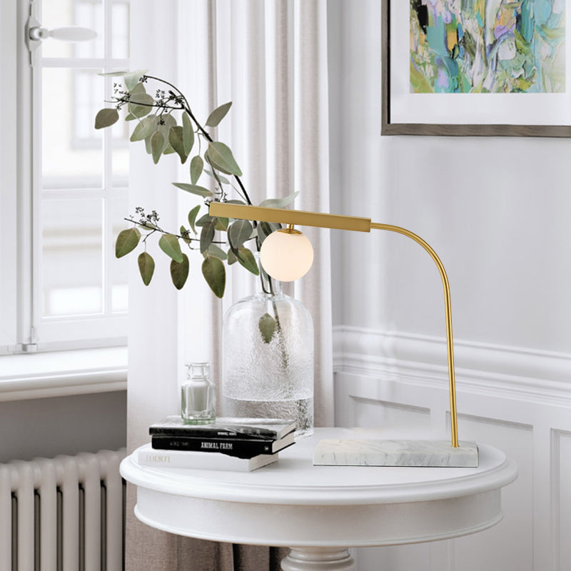 Minimalist Gold Desk Light With Rectangle Marble Base Orb Milk Glass Reading Lamp