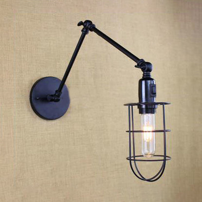 Rustic Swing Arm Wall Sconce - Adjustable 1-Light Metal Fixture With Black Finish For Corridors