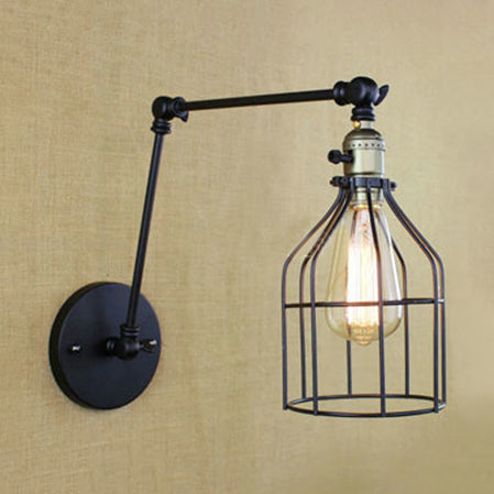 Farmhouse Adjustable Arm Wall Lamp With Birdcage Shade - Black Metallic Fixture Light