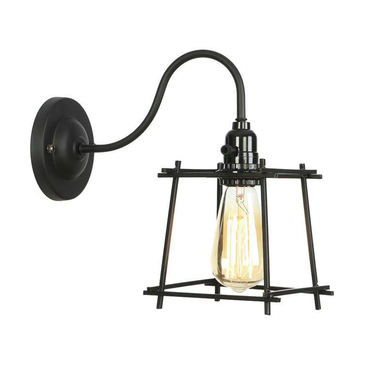Retro Style Wall Lamp With Iron Cage Shade Bedroom Sconce Light Mystic Black Curved Arm