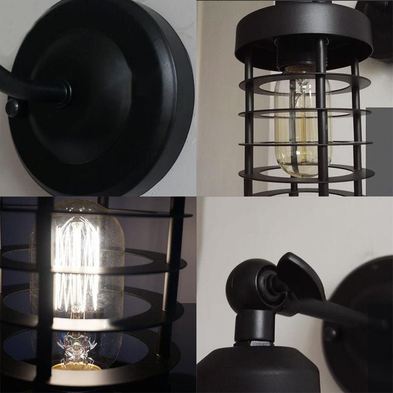 Vintage Style Black Wire Cage Wall Sconce Light Fixture With 1 Head - Ideal For Stairways
