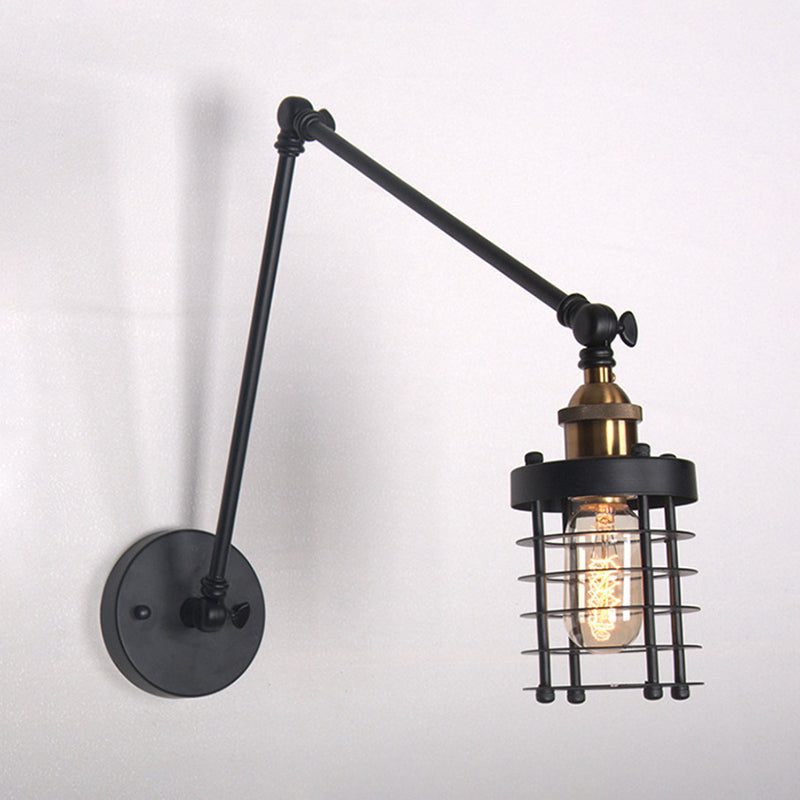 Retro Style Swing Arm Wall Lamp With Metal Shade - Black Cylindrical Cage Design Bedroom Fixture 1