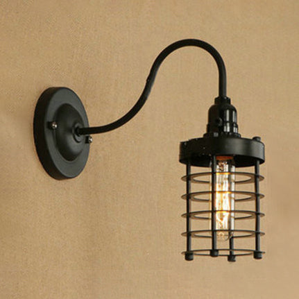 Black Vintage Industrial 1-Head Wall Light With Curved Arm - Iron Cylinder Cage Shade Mount Fixture