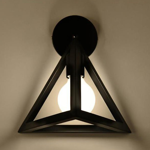 Modern Metal Caged Wall Light With Triangle Shade - Loft Style Bedroom Lamp Black