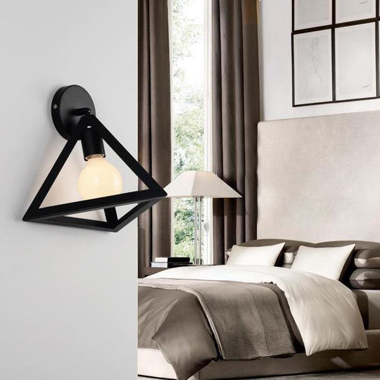 Modern Metal Caged Wall Light With Triangle Shade - Loft Style Bedroom Lamp Black