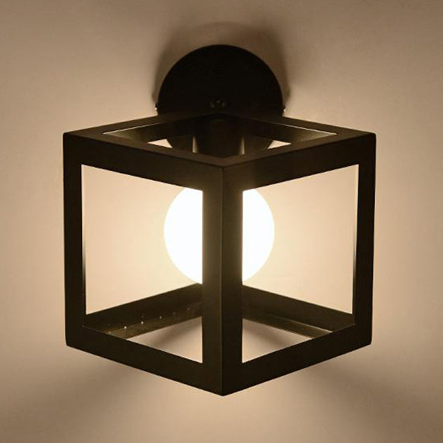 Industrial Metal Cubic Wall Light With Stylish Cage Shade - Black