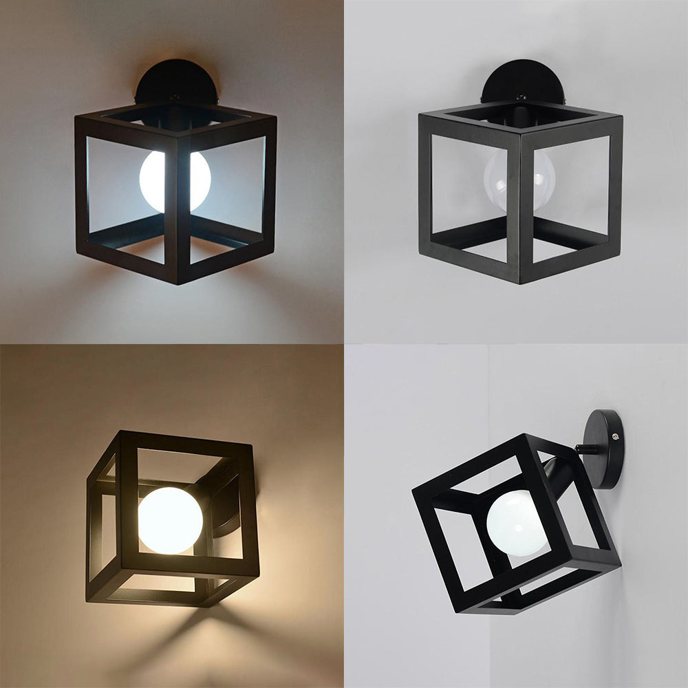Industrial Metal Cubic Wall Light With Stylish Cage Shade - Black