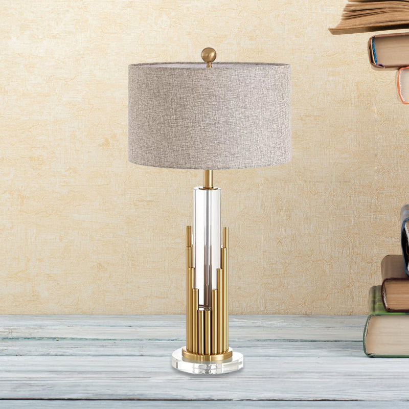 Ankaa - Modernist Round Shade Fabric Night Light Modernist 1 Head Flaxen Table Lamp with Gold Fluted Base