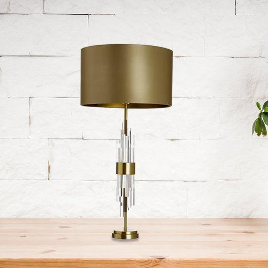Minimalist Gold Drum Table Light - 1-Light 13/15 Wide Nightstand Lamp With Crystal Accent / 13