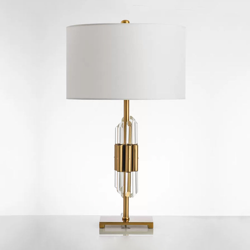 Postmodern Crystal Rod Nightstand Lamp With White And Gold Base Drum Fabric Shade